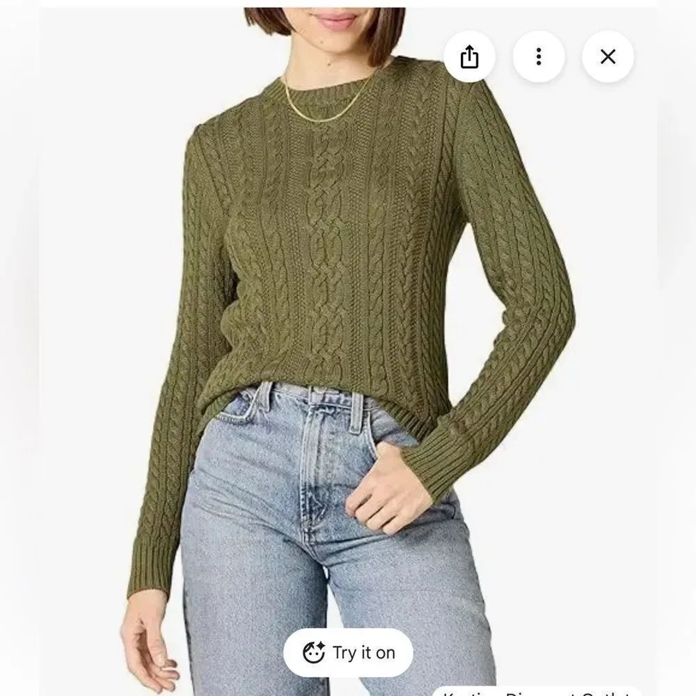 AMAZON ESSENTIALS WOMEN'S FISHERMAN CABLE LONG-SLEEVE CREWNECK SWEATER NWT